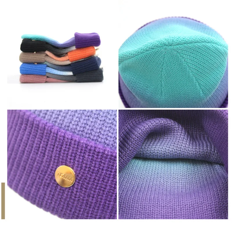 Bonete Pentru Femei Gradient de Culoare, Textura Etichetă Mică Pălărie Tricotate 2022 Toamna Și Iarna New Dome Ins Lână Cald Tie-dye Beanie Imagine 0