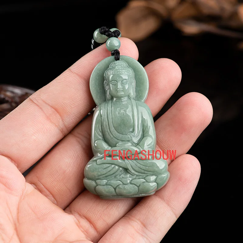 Naturale de Smarald Fasole Verde Mână-sculptate Trei-dimensional Buddha Pandantiv Charm Jewellery Colier pentru Femei Barbati Moda Accessies Imagine 0
