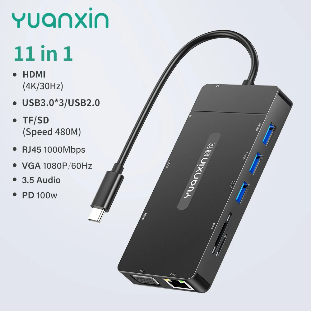 Yuanxin 11IN1 Tip C HUB HDMI 4K PD 100W USB3.0 100Mbps RJ45 SD TF Docking Station 11Ports Adaptor Suport Laptop Macbook Imagine 0
