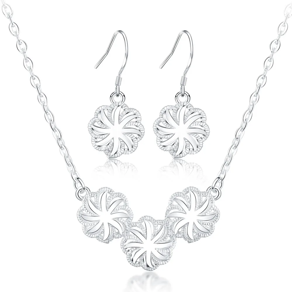 Noi 925 Culoare Argint seturi de Bijuterii pentru femei frumoase Flori colier cercei moda petrecere de nunta cadouri de bijuterii de mireasă Imagine 0