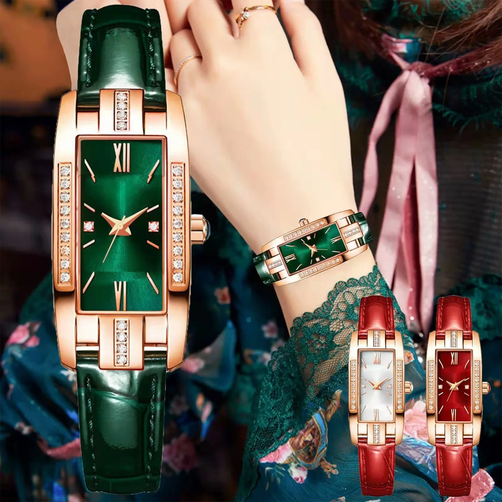 WOKAI de înaltă calitate clasic retro femei curea cuarț pătrat verde cuarț ceas Student women ' s wear ceas stil lux Imagine 0