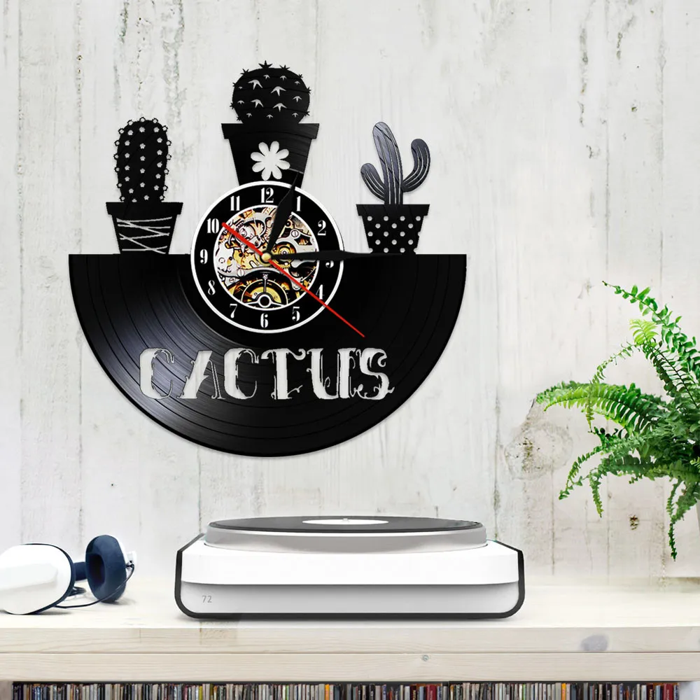 Art Cactus Epocă Disc De Vinil De Perete Ceas De Natura Plantelor Suculente Arta De Perete Decorativ Ceas Cactusi Cameră Decor De Perete Ceas Imagine 0