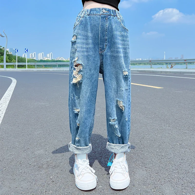 Moda Rupt Blugi pentru Fete Pantaloni 5-14 Ani Copii coreeană Adolescente Elastic Talie Pantaloni din Denim Libere de Primavara Toamna Haine Imagine 0