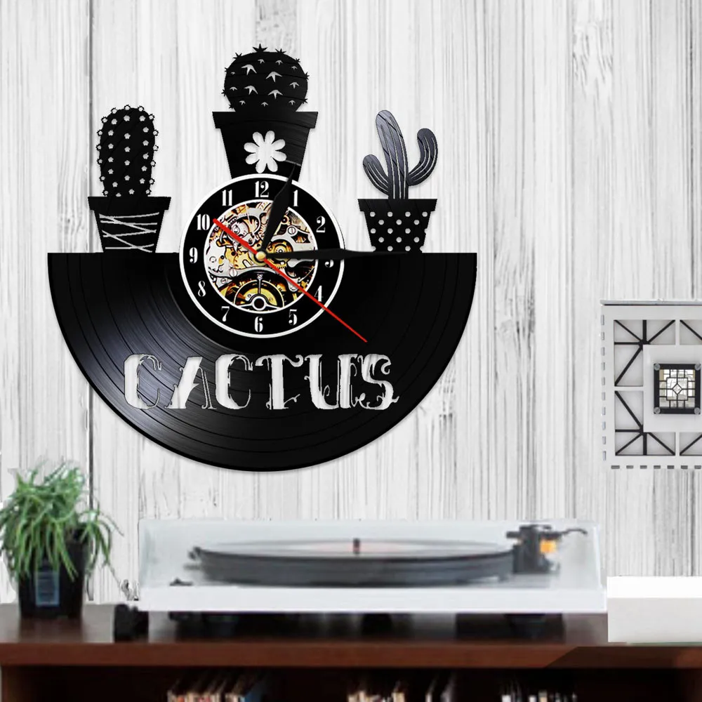 Art Cactus Epocă Disc De Vinil De Perete Ceas De Natura Plantelor Suculente Arta De Perete Decorativ Ceas Cactusi Cameră Decor De Perete Ceas Imagine 1