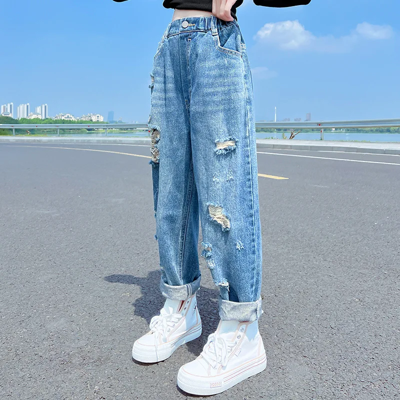 Moda Rupt Blugi pentru Fete Pantaloni 5-14 Ani Copii coreeană Adolescente Elastic Talie Pantaloni din Denim Libere de Primavara Toamna Haine Imagine 1