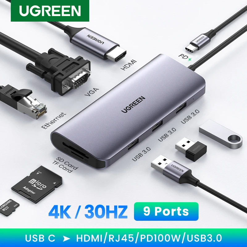 UGREEN C USB HUB 4K HDMI Adaptor USB de C RJ45 USB 3.0 PD 100W Dock pentru MacBook Pro Air M2 M1-C USB 3.1 de Tip C Splitter USB HUB Imagine 2