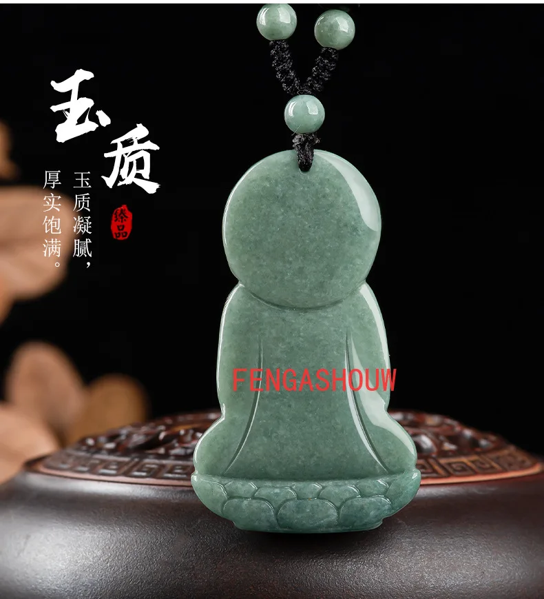 Naturale de Smarald Fasole Verde Mână-sculptate Trei-dimensional Buddha Pandantiv Charm Jewellery Colier pentru Femei Barbati Moda Accessies Imagine 2