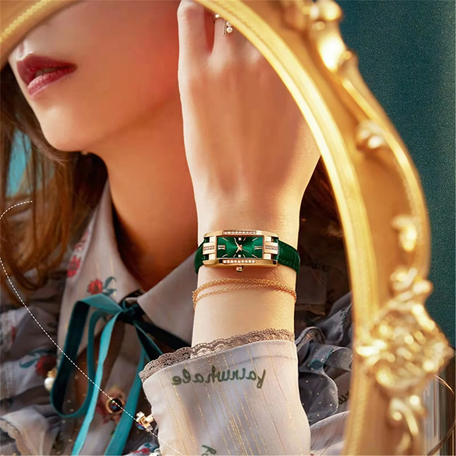 WOKAI de înaltă calitate clasic retro femei curea cuarț pătrat verde cuarț ceas Student women ' s wear ceas stil lux Imagine 2