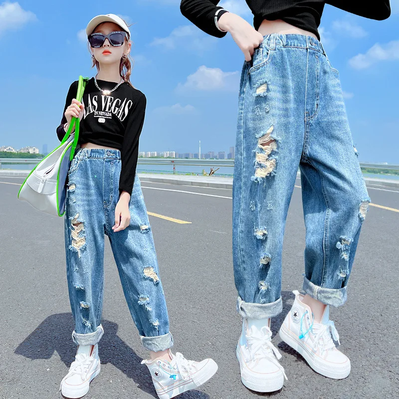 Moda Rupt Blugi pentru Fete Pantaloni 5-14 Ani Copii coreeană Adolescente Elastic Talie Pantaloni din Denim Libere de Primavara Toamna Haine Imagine 2