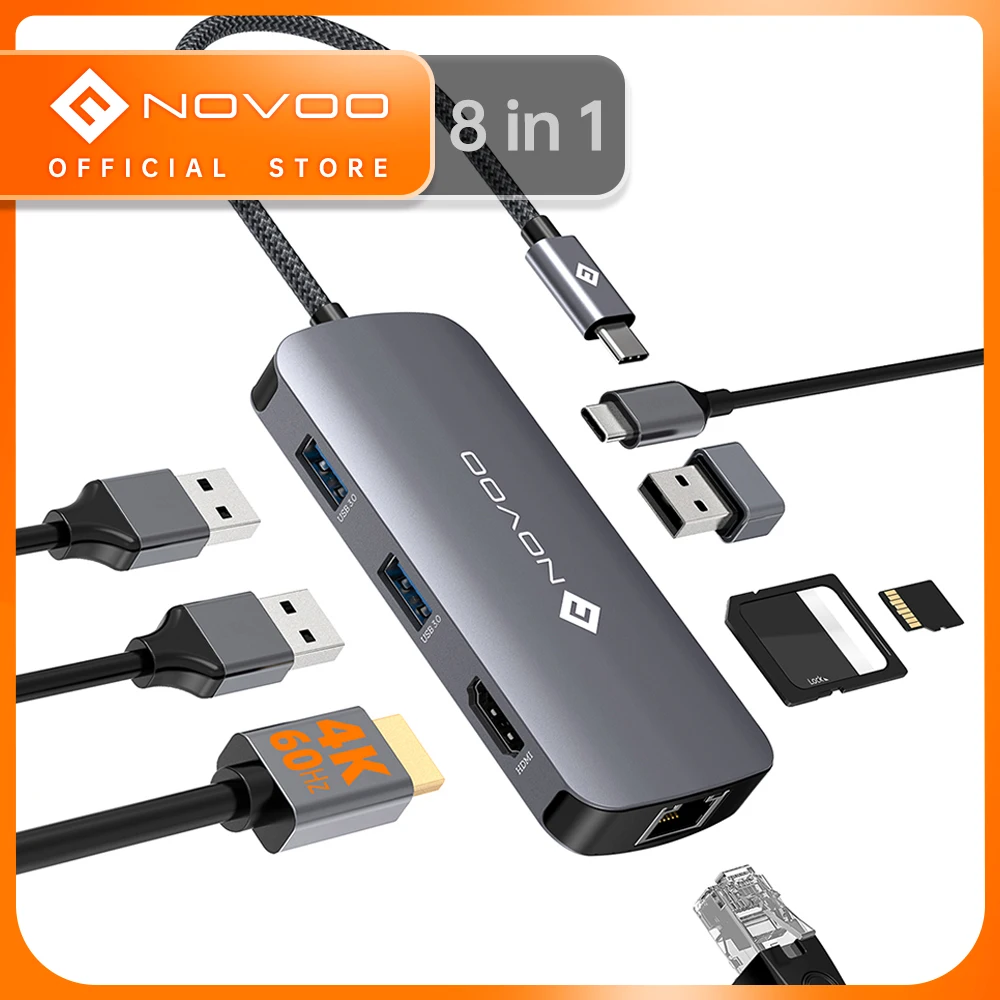 NOVOO 8 Porturi USB C HUB 4K 60Hz Tip C compatibil HDMI USB 3.0 PD 100W RJ45 SD TF Card Reader Pentru MacBook Pro Air iPad Laptop Imagine 3
