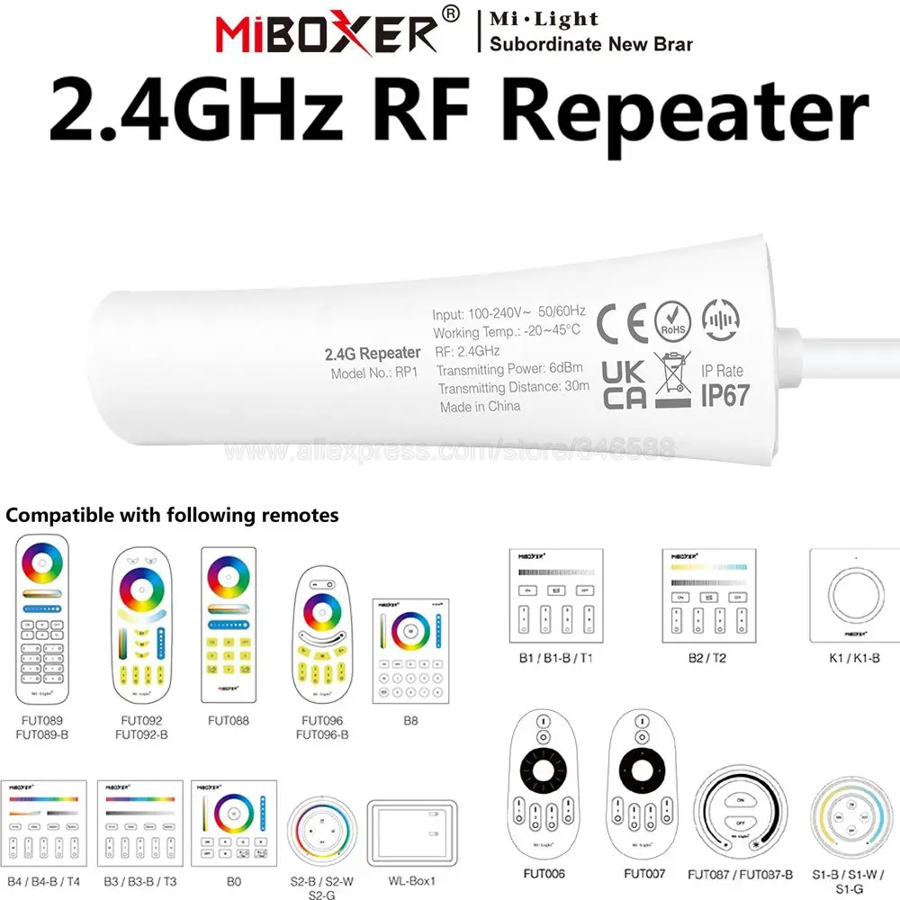 RP1 Miboxer 2.4 G RF Repetor rezistent la apa IP67 2.4 G la Distanță Receptor de Semnal AC100-240V-și Extinde controlul la distanță de Lumini în aer liber Imagine 3