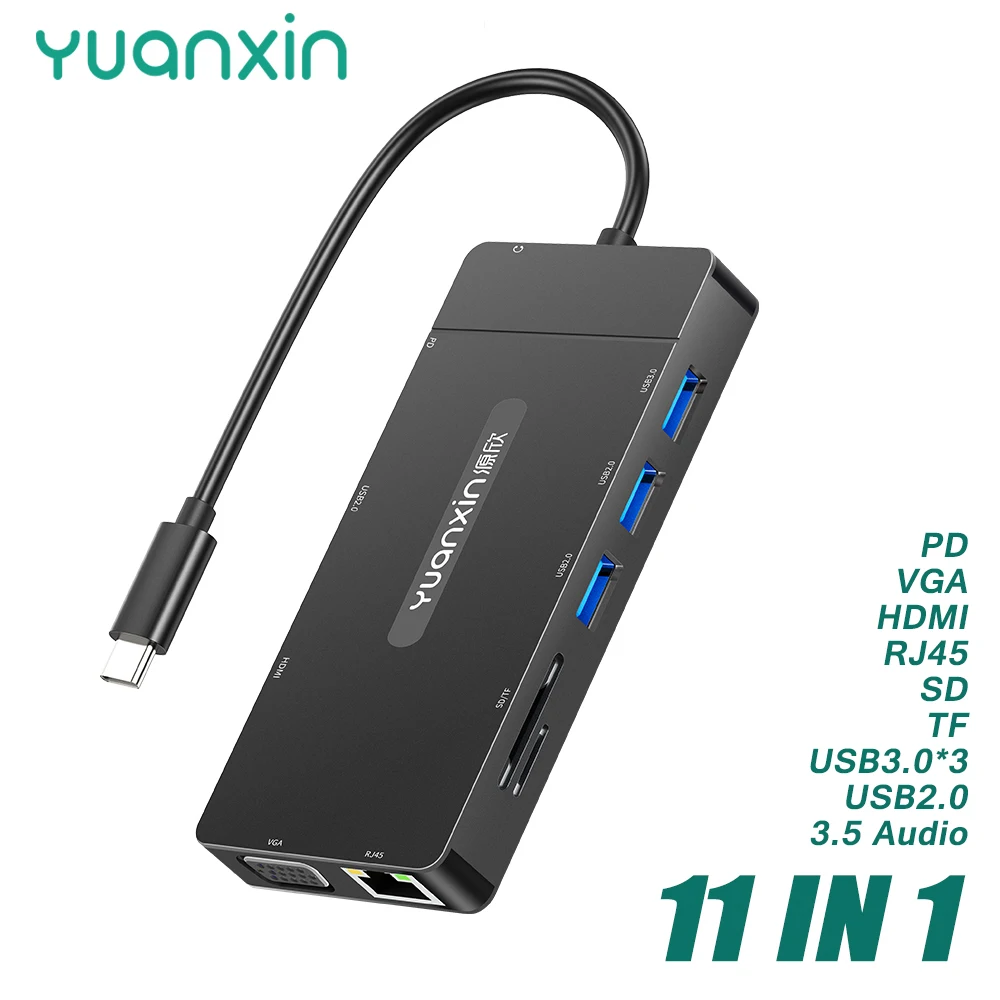 Yuanxin 11IN1 Tip C HUB HDMI 4K PD 100W USB3.0 100Mbps RJ45 SD TF Docking Station 11Ports Adaptor Suport Laptop Macbook Imagine 3