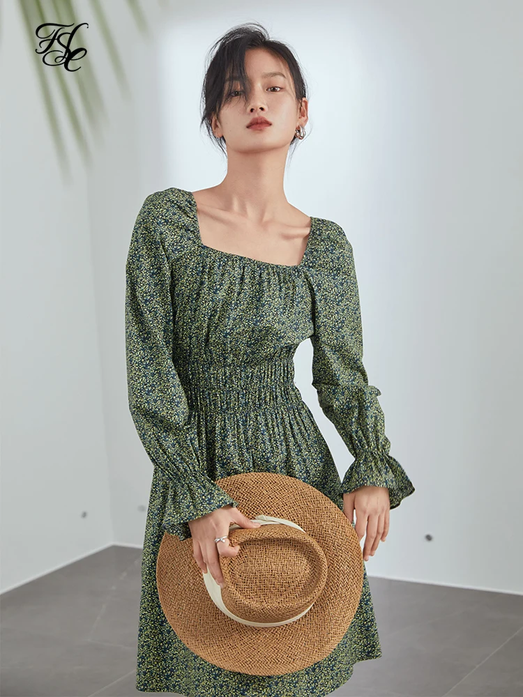 FSLE Vintage Print Floral Scurt Boho Dress Femei Flare Sleeve Slim Verde de Primăvară Rochie de Plajă Elegant Rochie de Vara Femei Imagine 3