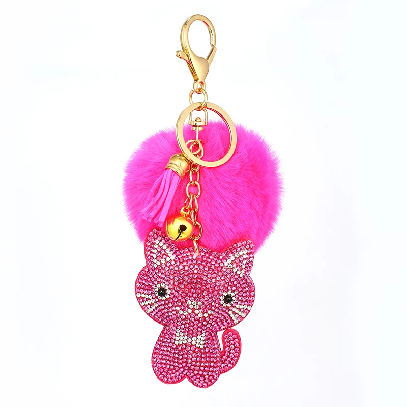 Creative stras flanel pisica drăguț de păr minge pom pom breloc cu pandantiv doamnă sac pandantiv cheie lanț culoare solidă bell ciucure acces Imagine 3