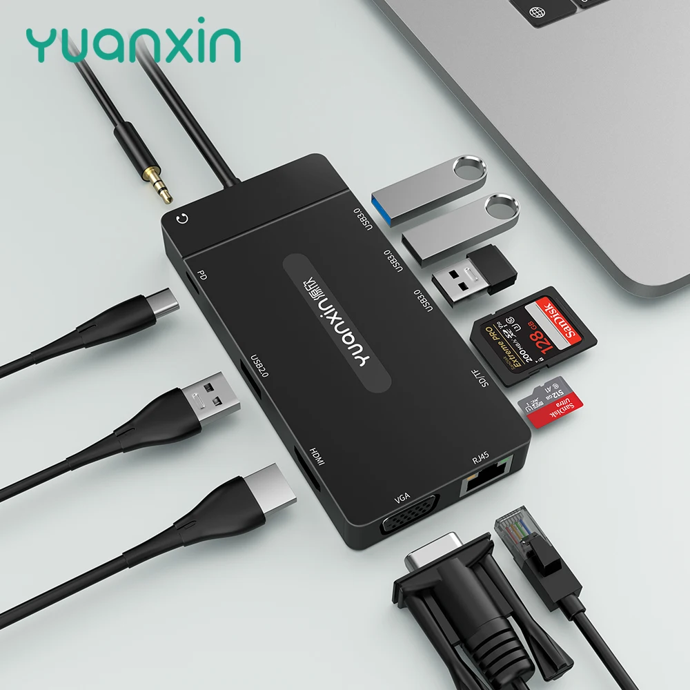 Yuanxin 11IN1 Tip C HUB HDMI 4K PD 100W USB3.0 100Mbps RJ45 SD TF Docking Station 11Ports Adaptor Suport Laptop Macbook Imagine 4