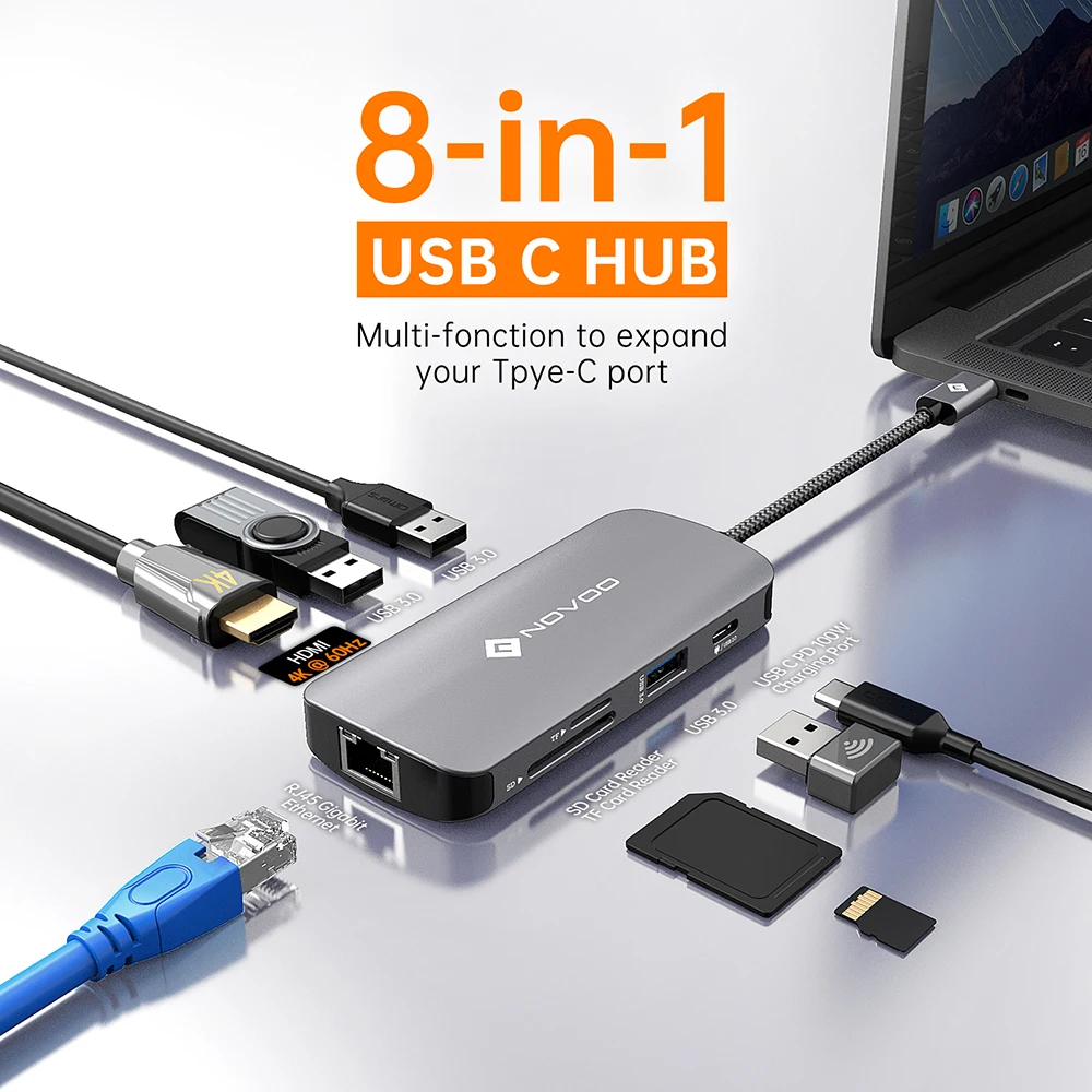 NOVOO 8 Porturi USB C HUB 4K 60Hz Tip C compatibil HDMI USB 3.0 PD 100W RJ45 SD TF Card Reader Pentru MacBook Pro Air iPad Laptop Imagine 5