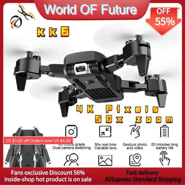 Kk6 Drone Profesionale 4k Camere Duble Wifi Fpv Drone zbor de 20 de Minute cu Rază Lungă Drona Quadcopter Camere Duble Drone de Înaltă tehnologie Imagine 5