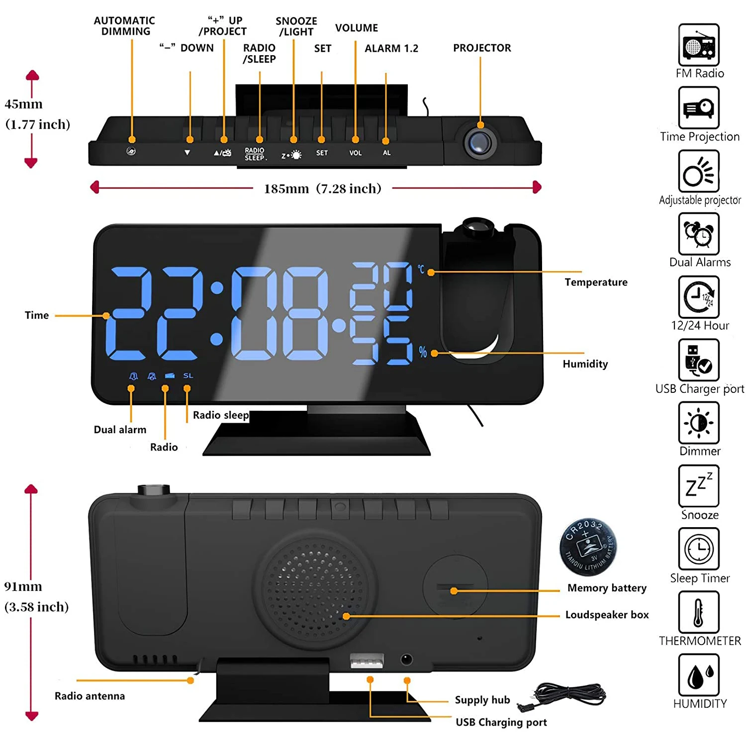 AIDISITE Nouă Proiecție 3D Ceas cu Alarmă Radio FM Ceas Digital cu USB Încărcător de Mare Oglindă cu LED-uri de Afișare Ceas cu Alarmă Auto Dimmer Imagine 5