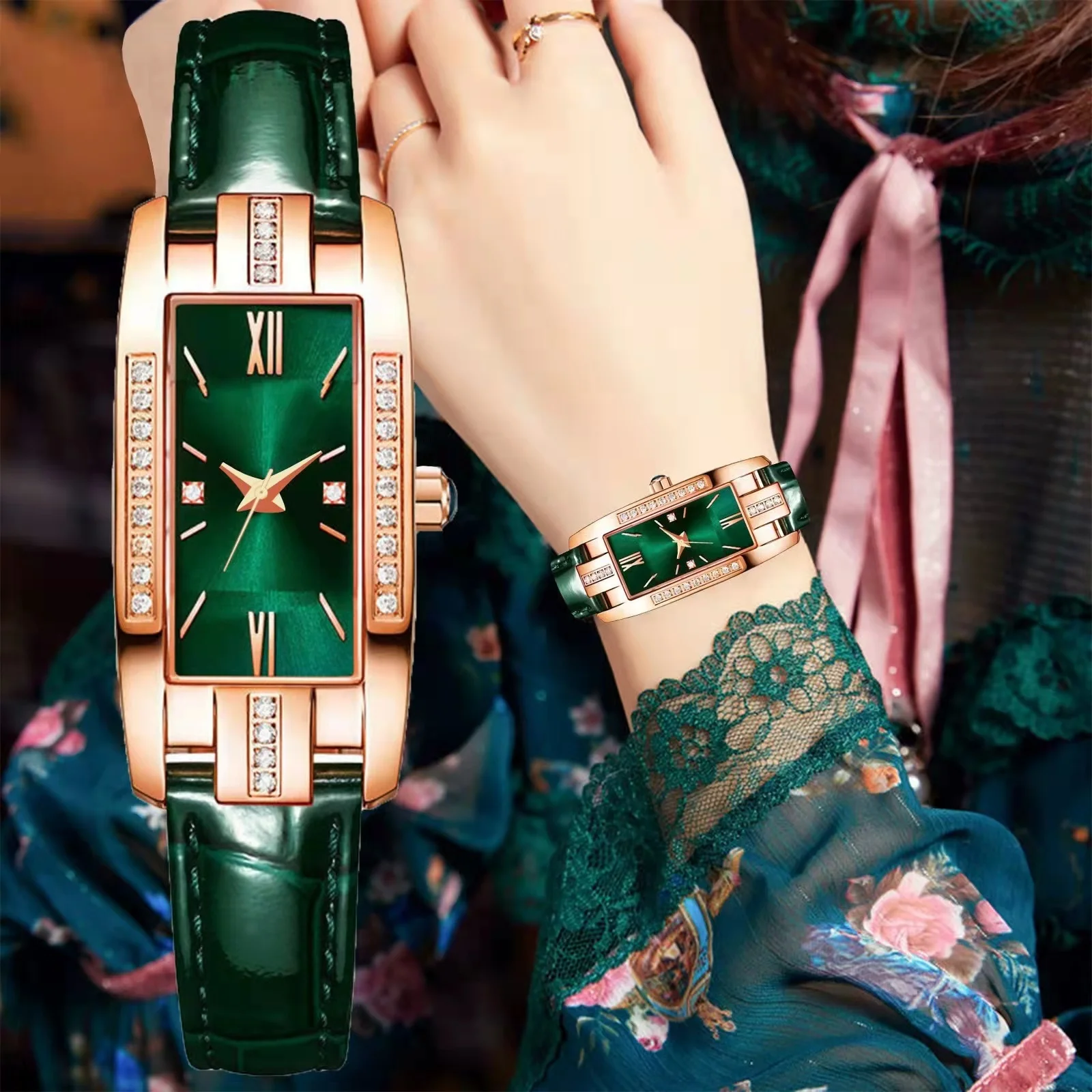 WOKAI de înaltă calitate clasic retro femei curea cuarț pătrat verde cuarț ceas Student women ' s wear ceas stil lux Imagine 5