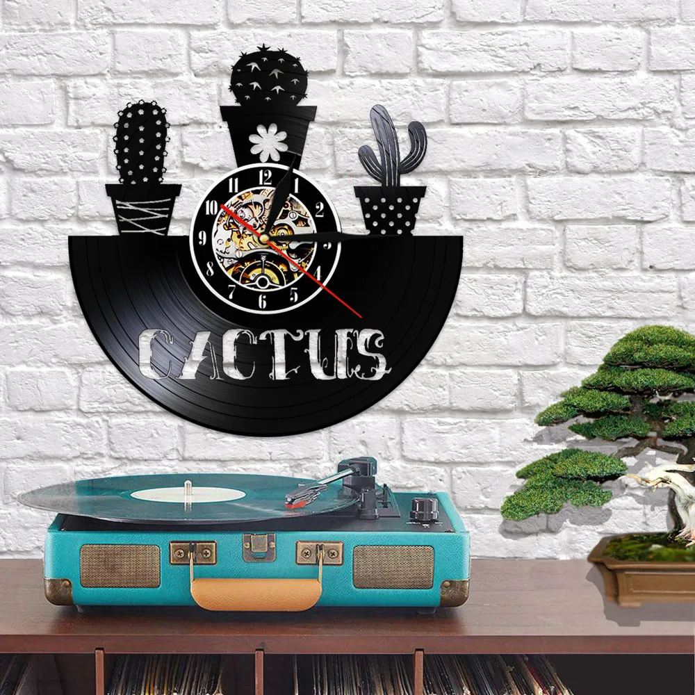 Art Cactus Epocă Disc De Vinil De Perete Ceas De Natura Plantelor Suculente Arta De Perete Decorativ Ceas Cactusi Cameră Decor De Perete Ceas Imagine 5