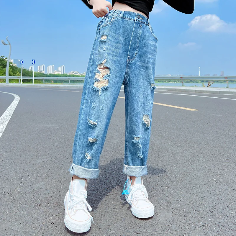 Moda Rupt Blugi pentru Fete Pantaloni 5-14 Ani Copii coreeană Adolescente Elastic Talie Pantaloni din Denim Libere de Primavara Toamna Haine Imagine 5