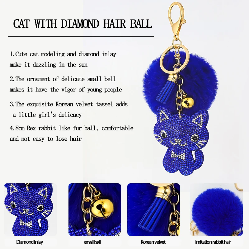 Creative stras flanel pisica drăguț de păr minge pom pom breloc cu pandantiv doamnă sac pandantiv cheie lanț culoare solidă bell ciucure acces Imagine 5